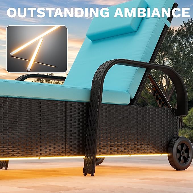 DWVO LED Outdoor Lounge Chairs, Patio Wicker Chaise Lounge Chair with LED Lights & 5-Level Backrest, Wheels and Storage for Deck, Pool, Backyard, Black & Blue