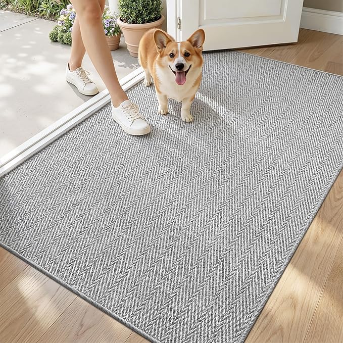 LUMI Ultra Thin Indoor Door Mat for Entrance 48"x72", Non Slip Entryway Mat, Low Profile Doormat, Unique Herringbone Design Carpet for Inside, Patio, Porch, Gray