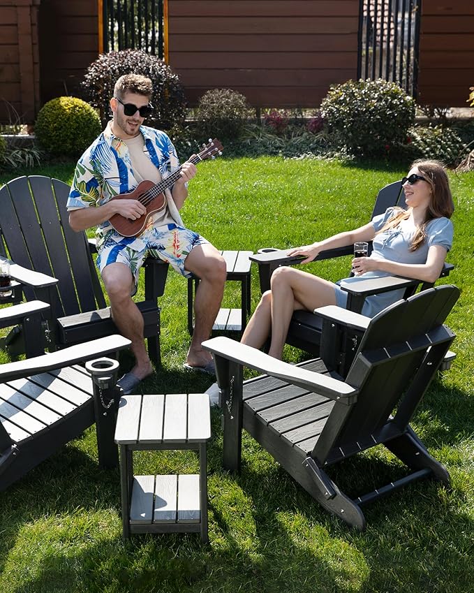 Folding Adirondack Chair Wood Texture, Patio Chairs Weather Resistant, Outdoor Chair, Lawn Chair with Cup Holder, Fire Pit Chair for Deck, Outdoor, Porch, Backyard