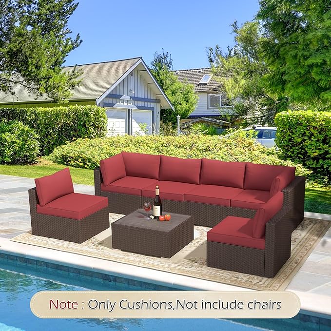 HOMREST Outdoor Replacement Cushions for Patio Furniture,Water-Repellent Sofa Cushion for 6-Seat Rattan Wicker Sectional Patio Conversation Sets,14-Piece Cushions Set for Outdoor Couch（Burgundy Red）