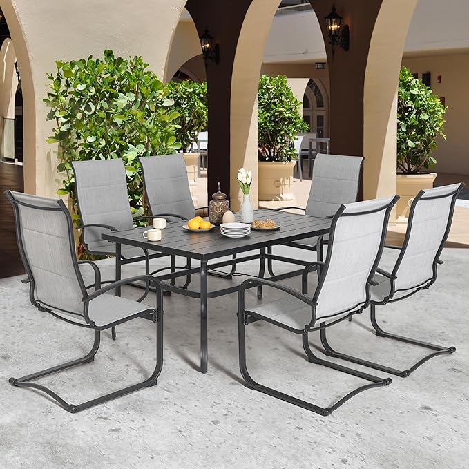NUU GARDEN 7 Piece Outdoor Dining Set, 6 Textilene Dining Chairs and 61" Rectangular Dining Table with 1.57" Umbrella Hole, for Backyard, Patio, Garden, Gray and Black