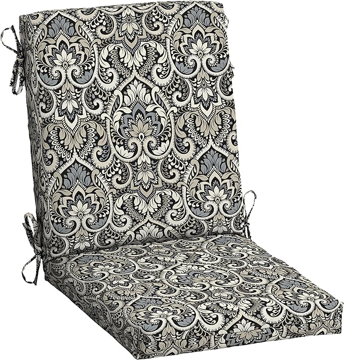 Arden Outdoor Patio Dining Chair Cushion, 20x44, Rain-Proof Seat Pad, Fade-Resistant Outdoor Cushion Black Aurora Damask