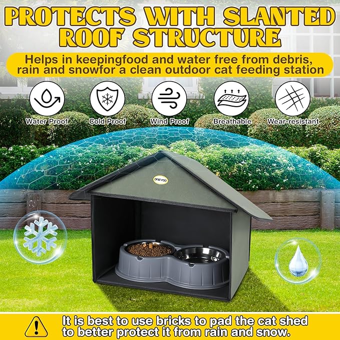 Dreyoo Outdoor Cat Feeding Station for Food & Water, Weatherproof Outdoor Kitty Dining Room Cat Shelter for Stray, Feral Cats and Community Cats, 13”d x 17”w x 15.5'h(2 Pack,Dark Green)