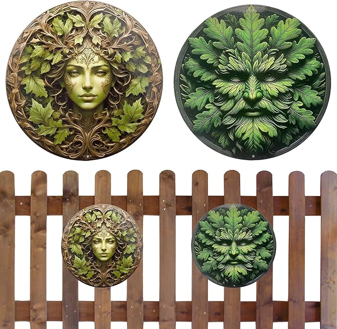 2PCS 2D Outdoor Metal Wall Art, 11.8Inch Tree Woman Man Wall Decors Gardens Guardian Decor Wall Art Plaque for Indoor Outdoor Room Garden Porch Fence Decor