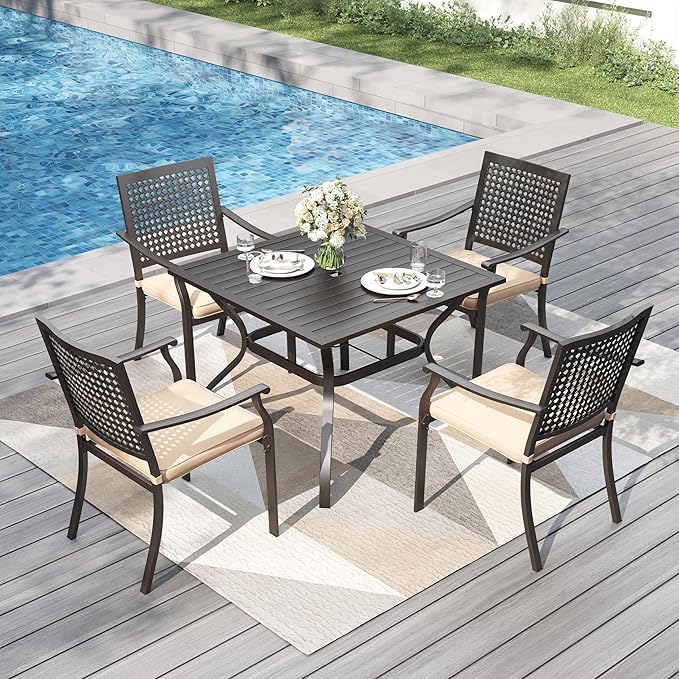 PHI VILLA 5 Pieces Outdoor Dining Set for 4, Square Metal Steel Table & Stackable Chairs with Cushions, Heavy-Duty Iron Furniture Set for Patio, Deck, Backyard, Porch