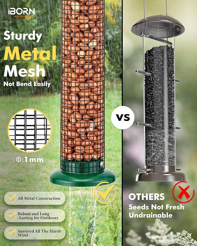iBorn Metal Peanut Bird Feeder for Outdoors - 14" Peanut & Sunflower Seed Feeder, Hanging Metal Mesh Mixed Seed Bird Feeder with Easy-Clean Design for Woodpeckers, Jays, Titmice,Green