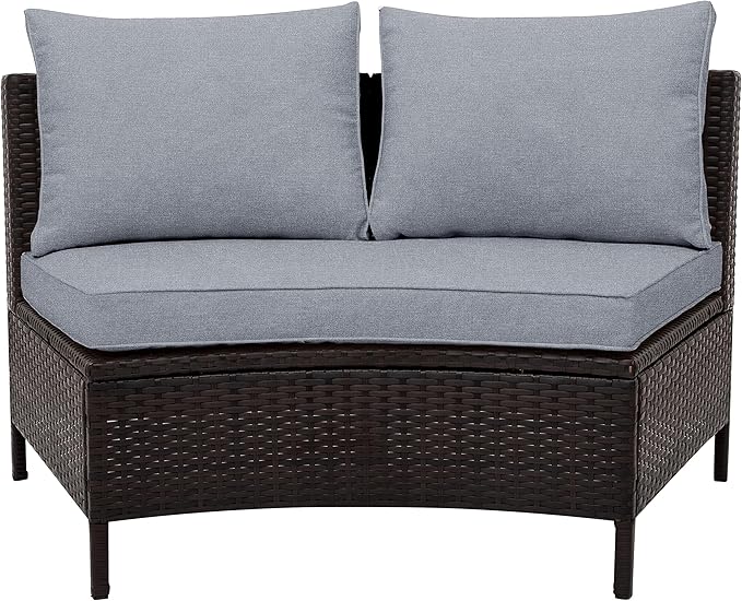 Merax 5 Pieces All-Weather Brown PE Rattan Wicker Sofa Set Outdoor Patio Sectional Furniture Set Half-Moon Sofa Set with Tempered Glass Table, Gray