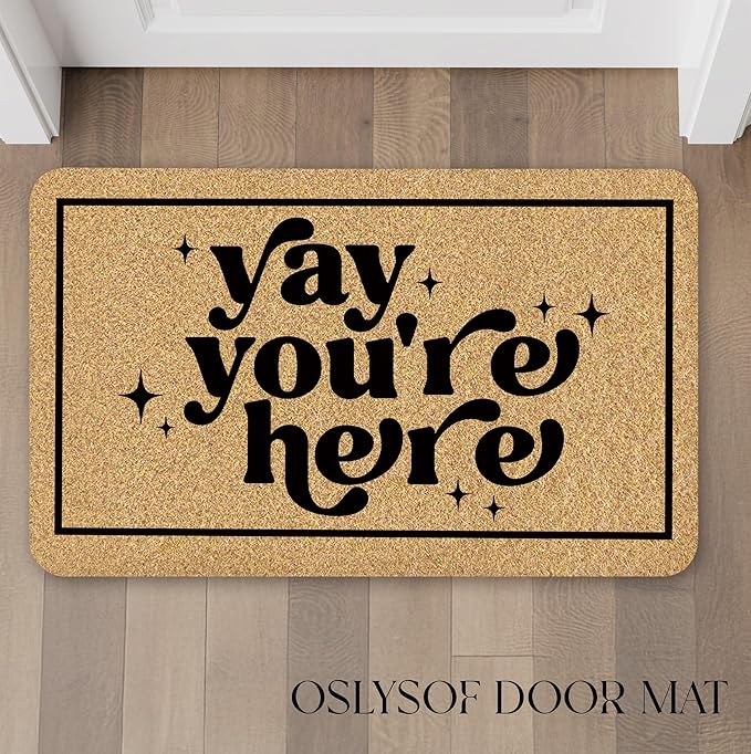 Funny Coir Door Mat, Yay You're Here Doormat for Front Door Indoor Outdoor Porch Entrance Entryway, Funny Welcome Mat Outside, 17x30 Inches
