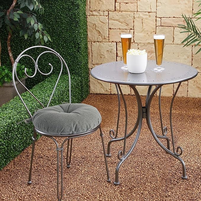 Magpie Fabrics Outdoor 15"x15"x4" Round Bistro Seat Cushions with Ties Set of 2, Tufted Waterproof Patio Floor Chair Pads for Home Garden Balcony Kitchen Office Porch, Dark Grey
