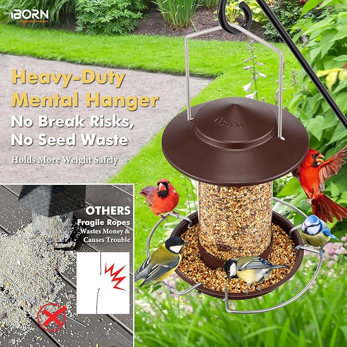 iBorn Bird Feeder Metal Squirrel Chew-Proof Bird Feeders for Outdoors Hanging for Cardinal Outside, Holds 1.5LB Seed with 3 Perchs, Bronze (Seed is not Included)