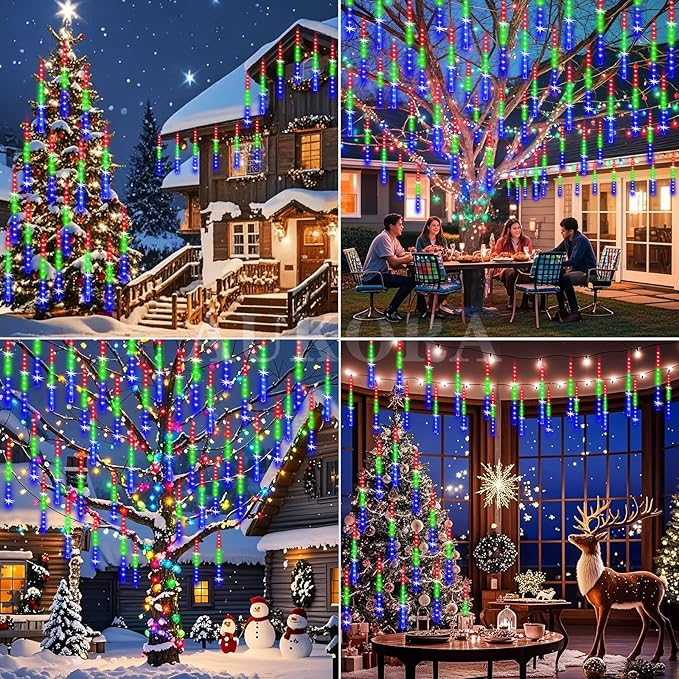 Aukora Meteor Shower Lights UL Certified Outdoor Christmas Lights 12inch 8 Tubes 192 LED Snow Falling Icicle Cascading Light for Xmas Tree Decoration Halloween Wedding Party Holiday Yard, Multicolor