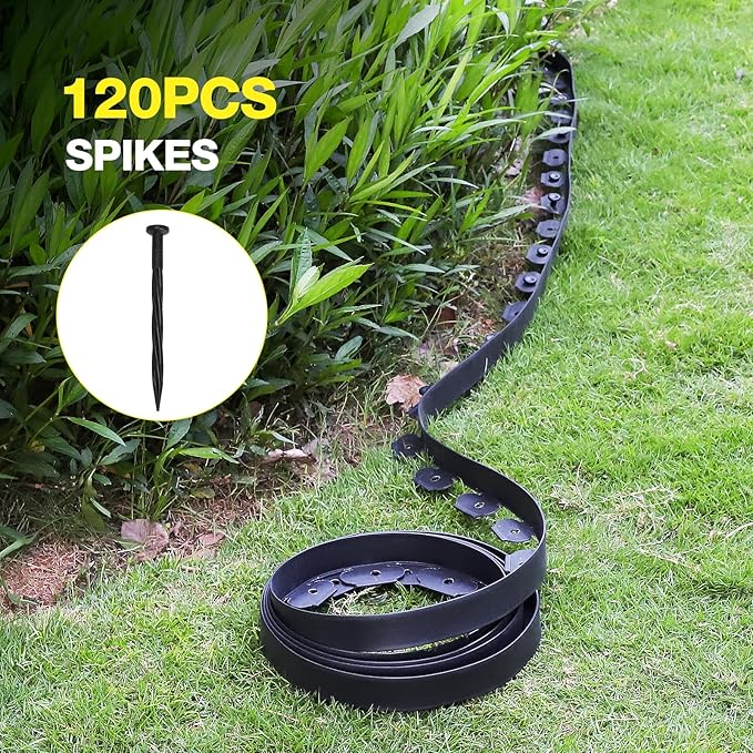 MIXC 66ft, 1.5in Tall Landscape Edging Kit with 100 Spikes, Not Digging Flexible Plastic Edge Border for Landscaping, Lawn, Garden, Flower Beds, Yard, Paver, Playground, Fence, Pathway,2pack,33ft Each
