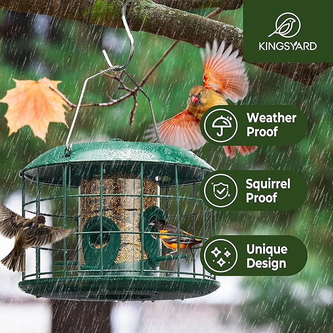 Kingsyard Tube Squirrel Proof Bird Feeders for Outdoor Hanging, Metal Caged Bird Feeder with Rain Proof Covered for Wildbirds Finches Bluebird, 4 Feeding Ports, Green