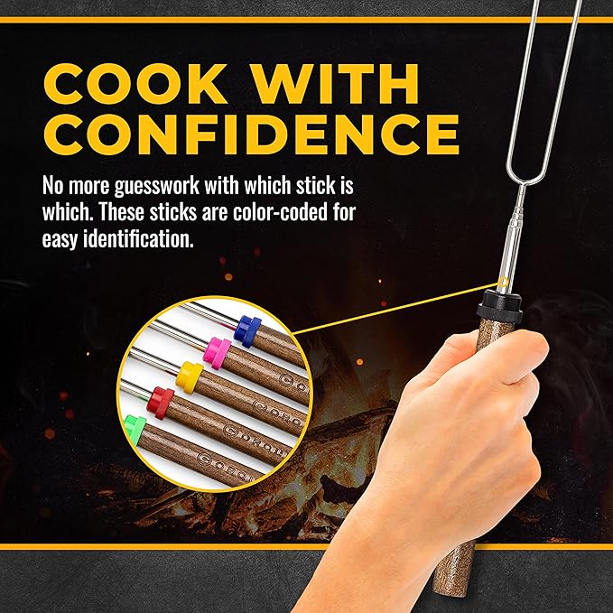 CORQUE Marshmallow Roasting Sticks, Smores Sticks, Extendable, Camping Skewer for Fire Pit, Wooden Handle, 32inch Metal for BBQ Hotdog, Cooking, Campfires, Bonfires, Set of 8