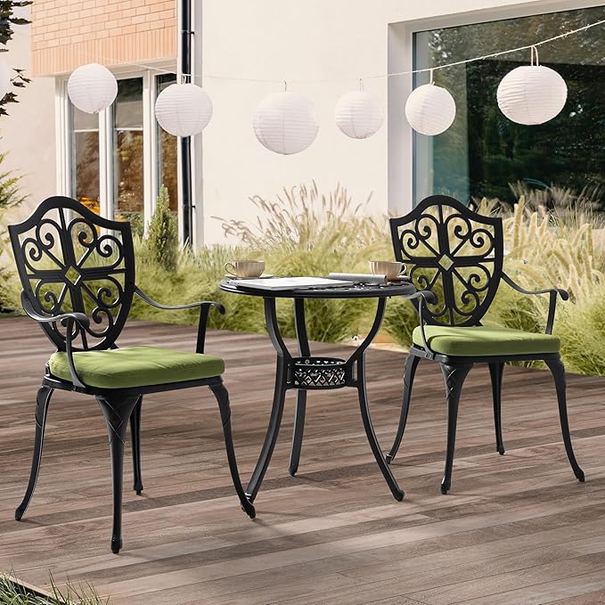 NUU GARDEN 3 Piece Outdoor Bistro Set, Outdoor Cast Aluminum Patio Bistro Table and Chairs Set of 2 with Umbrella Hole and Green Cushions for Backyard, Balcony, Porch, Black