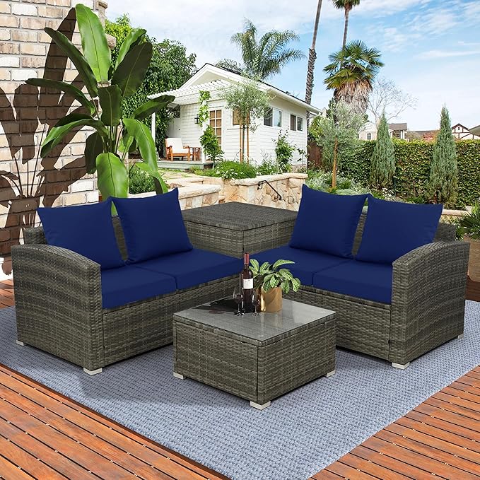 Outdoor Cushions for Patio Furniture, Waterproof Outdoor Chair Cushion w/ Fade-Resistant, Removable & Machine-Washable Cover, 22x22 Inch, Deep Seat Sofa/Couch Pad Replacement – Set of 4, Navy Blue