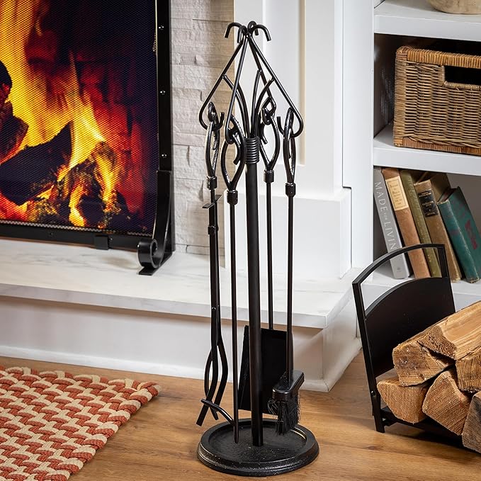 Plow & Hearth Gothic 5 Piece Fireplace Tool Set with Poker Tongs Shovel Broom and Stand | 32.5" H | Black Wrought Iron Handle for Outdoor Indoor | Wood Stove Firepit Accessory