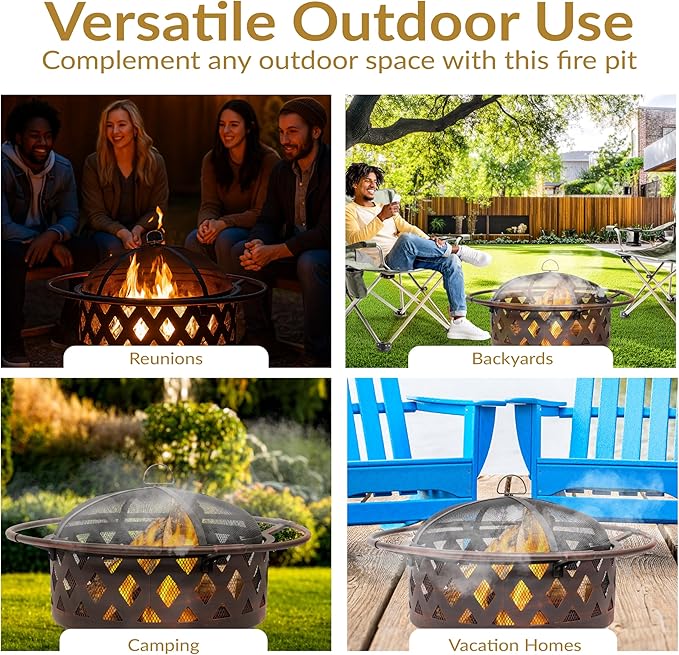 Sunnydaze Crossweave Outdoor Fire Pit - Wood-Burning Fire Pit for Outside with Spark Screen, Poker and Round Cover - 30-Inch - Bronze