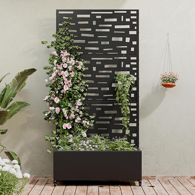 Casaphoria Metal Raised Garden Bed with Trellis and Wheels, 72"x35"x16" Planter Box for Climbing Plants, Vegetables & Vines, Features Drainage Holes and Privacy Screen (Black-Gerald)