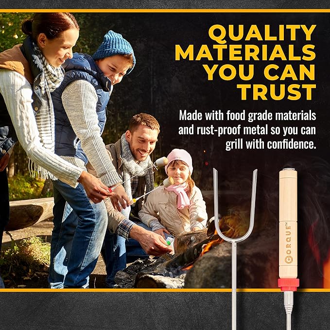 CORQUE Marshmallow Roasting Sticks, Smores Sticks, Extendable, Camping Skewer for Fire Pit, Wooden Handle, 34 inch Metal for BBQ Hotdog, Cooking, Campfires, Bonfires, Set of 10 [New Model]