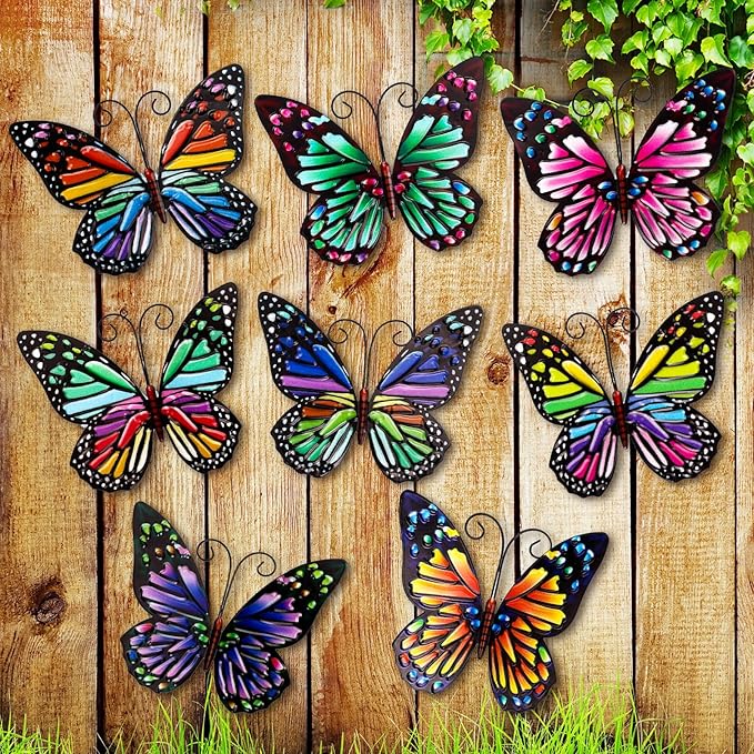Jetec 8 Pcs Metal Butterfly Wall Decor 6.5 Inch Outdoor Butterflies Wall Art Sculpture 3D Butterfly Hanging Decoration for Spring Outside Fence Garden Yard Home Patio Balcony(Cute Style)