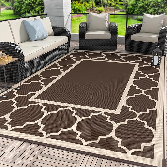 GENIMO 4 ' x 6 ' Outdoor Rug for Patio Clearance, Waterproof Indoor Outdoor Plastic Straw Rugs Carpet, Reversible Outside Area Rv Mat for Camping, Balcony Porch, Deck, Picnic, Beach (Coffee & Beige)