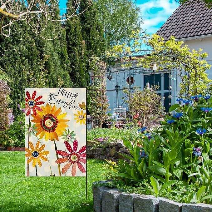 Spring Flowers Garden Flag 12x18 Inch Double Sided,Hello Sunshine Sunflower Daisy Small Yard Flags for Outdoor,Summer Seasonal Decoration for Farmhouse Holiday Outside