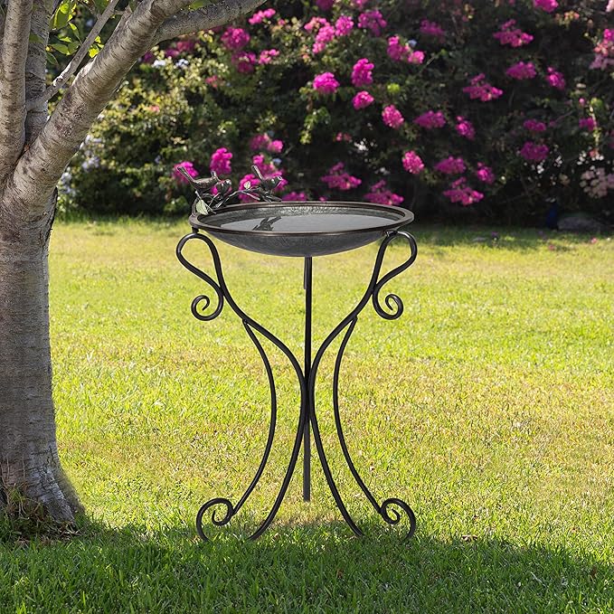 Alpine Corporation Vintage Metal Birdbath with Twigs and Bird Figurines - Iron Outdoor Decor for Garden, Patio, Deck, Porch
