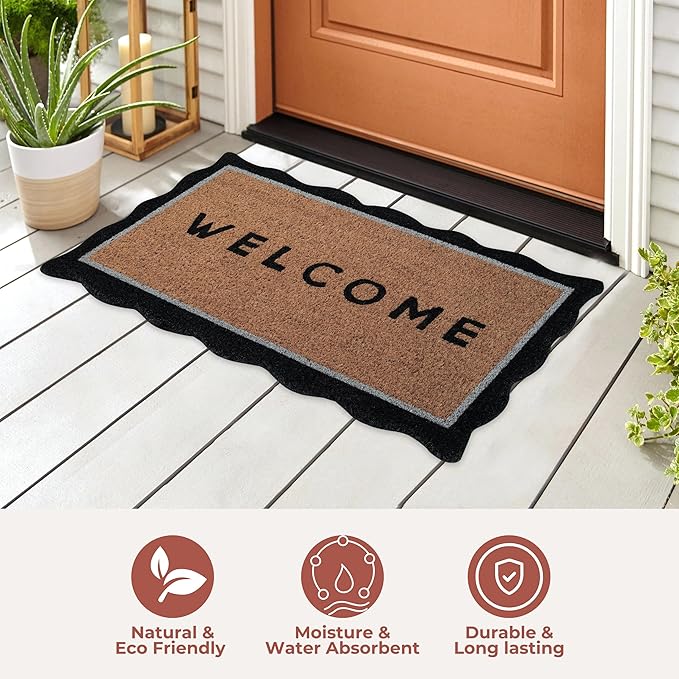 Folkulture Welcome Matt Outdoor | 16 x 28 Door Mats for Front Door Mat Outside Entrance | Eco Friendly | Welcome-Mats Cute | Scalloped Coir Door Mats | Outdoor Decor for Home | Durable & Anti Slip