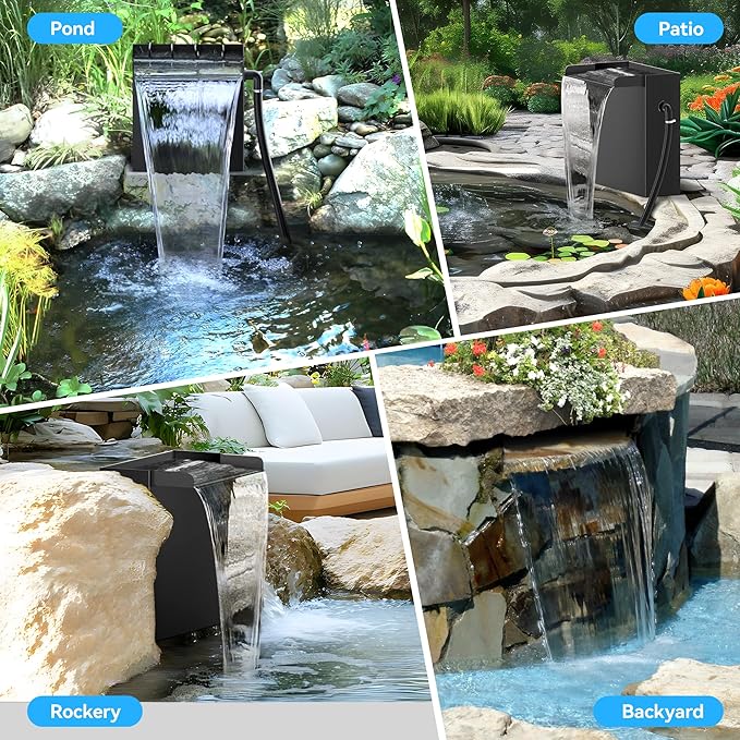 POPOSOAP Pond Waterfall Spillway with 660GPH Pump Kit, 304 Stainless Steel Waterfall with Filtration &9.8FT Corrugated Tubing Outdoor Fountain Kit for Garden, Koi Pond, Backyard,13.4" H x 12"W-P43H
