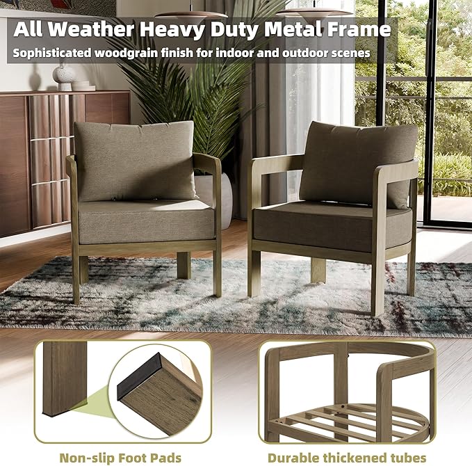 Outdoor Furniture Set, 2Pcs Patio Armchairs, Metal Modern Outside Furniture with 6'' Thick Cushions, Outdoor Conversation Set Balcony Chairs for Backyard, Porch,Deck,Brown
