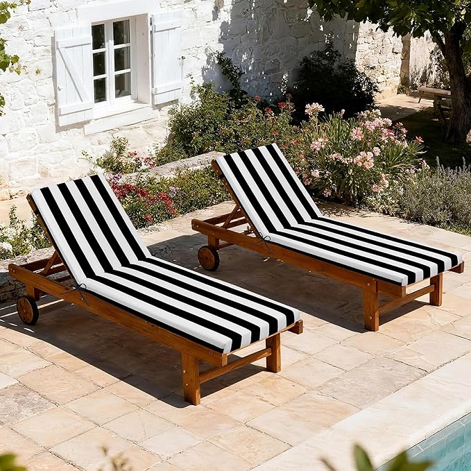 Only choice Outdoor Chaise Lounge Cushion Set of 2, 75" x 24" Lounge Chair Cushion Water-Resistant & Fade-Resistant for Lawn, Pool, Replacement Seat Cushion for Patio (Black/White Striped)