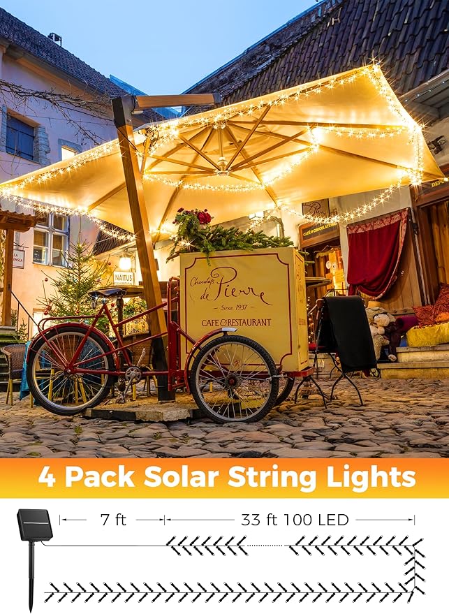 Minetom Solar String Lights for Outside, 4 Pack Total 160FT 400 LED Solar Christmas Lights Outdoor with 8 Modes, Solar Lights Outdoor Waterproof, Christmas String Light for Tree House, Warm White