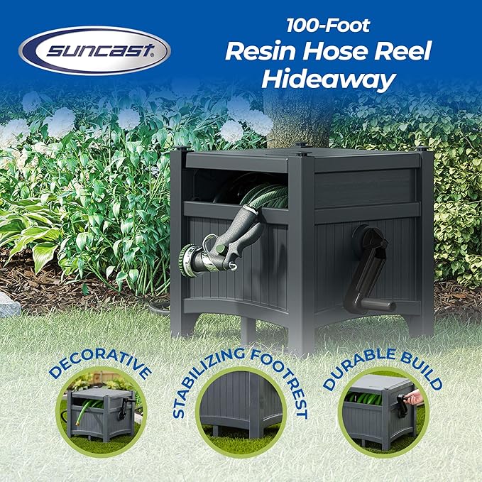 Suncast Garden Hose Hideaway Storage Reel Box, Cyberspace Grey – Resin Outdoor Container, Holds up to 100 Feet of 5/8 Inch Standard Vinyl Water Line – No Assembly Required