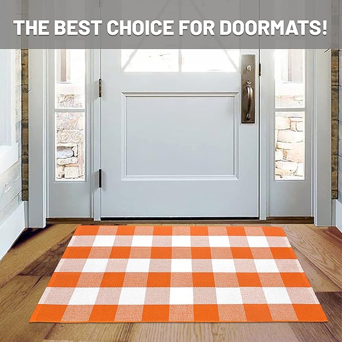 IOHOUZE Fall Buffalo Plaid Check Rug Outdoor Doormat 27.5 x 43 Inches Washable Woven Porch Decor Welcome Mats for Front Door/Farmhouse/Entryway/Home Entrance Orange and White Outdoor Rug