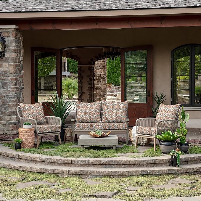 Arden Outdoor Foam Deep Seat Cushion Set, 24 in x 24 in, Weather-Proof, Rain-Proof, Fade Resistant Patio Cushion, Bottom and Back Cushion for Chair, Sofa, and Couch Global Vintage Medallion