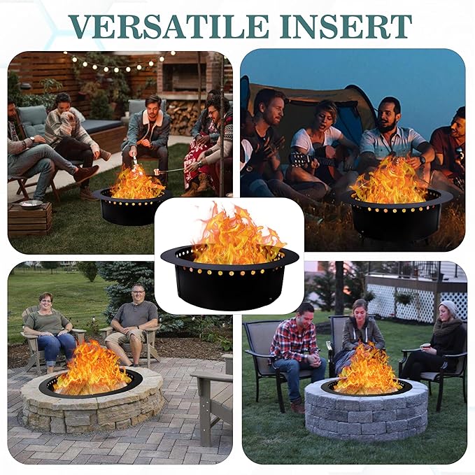 FEBTECH Smokeless Fire Pit Insert - Steel 36" Round Foldable Fire Pit Ring with Air Vents and Coller Support - DIY Fire Ring in or Above Ground for Outdoor Garden Bonfire Patio Camping Accessories