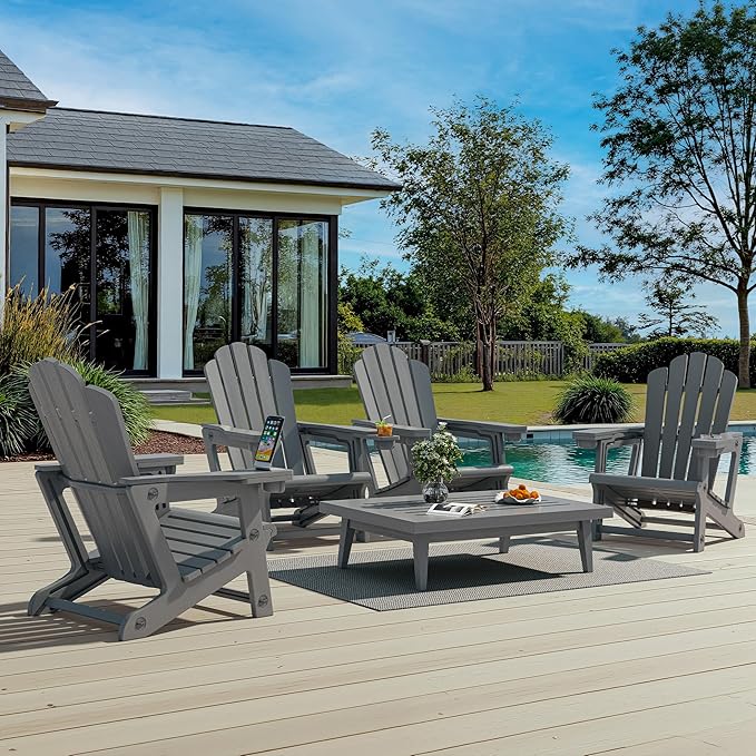 PURPLE LEAF Adirondack Chair Set of 4 HDPE All-Weather Outdoor Fire Pit Chair with 24.6" Oversized Seat Wood-Textured Patio Adirondack Chair with Dual Cup Holders for Garden Deck Backyard, Gray