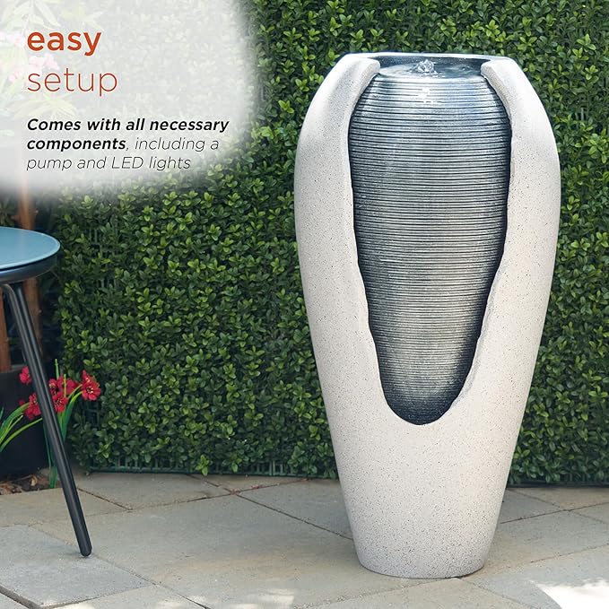 Alpine Corporation - 29" Tall Two Tone Ribbed Jar Floor Fountain with LED Lights – Elegant Indoor/Outdoor Water Feature, Easy Setup with Pump & Plug-in Design (Gray)