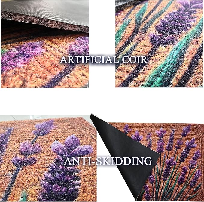 Floral Front Door Welcome Mat, Aesthetic Cute Flower Doormat, Non-Slip Outdoor Entryway Rug,19”x 31" (12.Lavender Leaf)