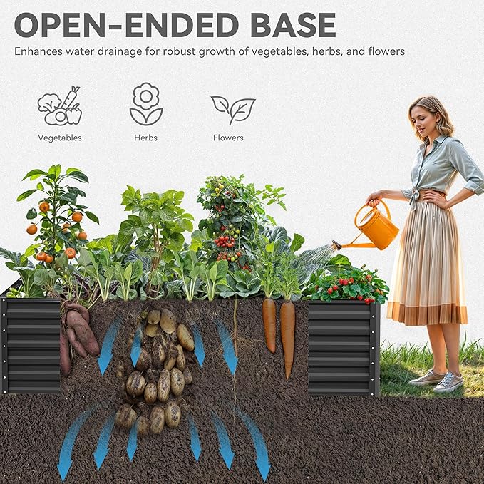 YITAHOME 8x4x2 ft 2pcs Galvanized Raised Garden Bed Kit, Large Metal Planter Box with Gloves, Safety Rubber & Support Rod, Outdoor Flower Bed for Plants Vegetables, Black