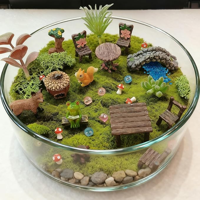 44 Pcs Fairy Garden Accessories, Miniature Table and Chairs Set, Miniature Figurines Mini Resin Animals House Bridge for Micro Landscape Potted Plant Terrarium Decor DIY Craft Gift