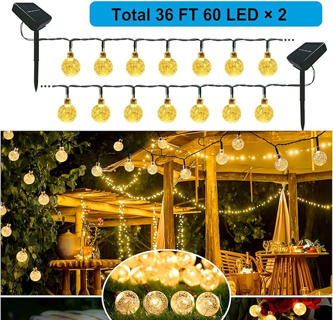 Solar Globle String Light Outdoor Waterproof Garden Decor Fairy Lights Auto On/Off, Decorative Lighting for Garden, Patio, Yard, Party Pathway, Lawn Weatherproof & Easy Install 2 Pack 120 LED 72FT