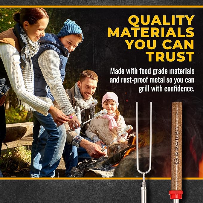 CORQUE Marshmallow Roasting Sticks, Smores Sticks, Extendable, Camping Skewer for Fire Pit, Wooden Handle, 32inch Metal for BBQ Hotdog, Cooking, Campfires, Bonfires, Set of 8