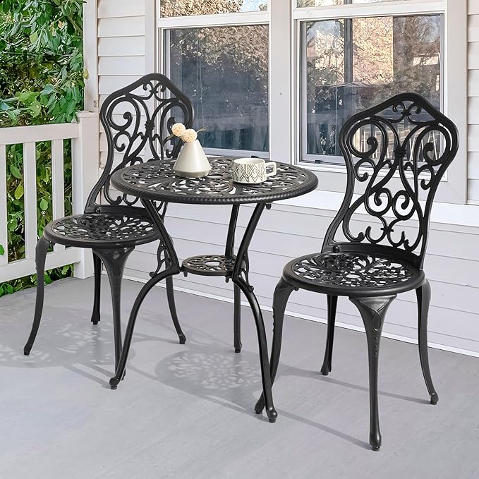 NUU GARDEN 3 Pieces Patio Bistro Set, Outdoor Bistro Set with 2 Chairs, Round Table with Umbrella Hole, All-Weather Outdoor Patio Bistro Set for Garden, Lawn, Poolside, Porch, Black