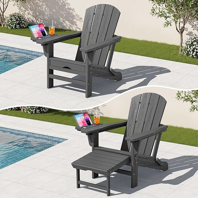 KINGYES Adjustable Folding Adirondack Chair with Footrest & 4-in-1 Multi-Functional Armrest Organizer, HDPE Recliner Adirondack Chair with Pull-Out Ottoman, Gray