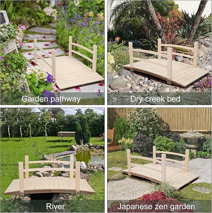 VINGLI 4 ft Garden Bridge, Arch Walkway Wooden Bridge with Safety Rails Natural Finished, Decorative Landscaping Footbridge for Koi Pond, Dry Creek Bed, Garden Pathway or Japanese Zen Decor