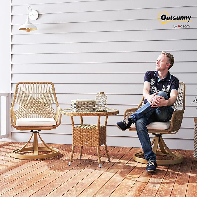 Outsunny Swivel Patio Chairs Set of 2, Rattan Outdoor Patio Dining Chairs with Soft Cushions and Metal Frame for Backyard, Lawn, Porch, or Garden, Khaki