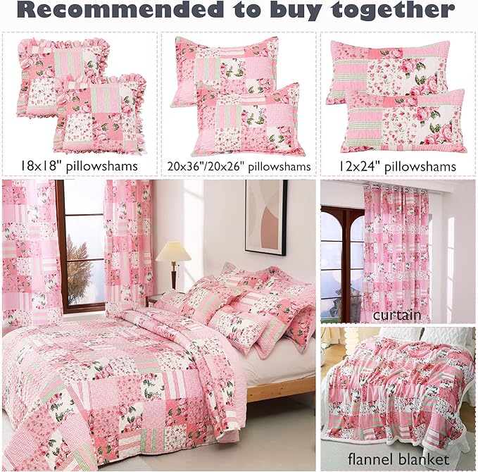 Cmfshape Floral Bedspread with 2 Pillow Shams-Queen Size,Patchwork Pink Quilt Set 3 Piece,Summer Quilt for Girls Women,Lightweight Reversible Bed Coverlet for All Seasons(Queen92 x96 Pink)