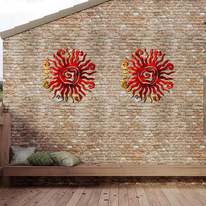 Moxweyeni 12 Inch Sun Metal Wall Art Outdoor Decor Wacky Large Sun Metal Art Sun Wall Decor Pool Decorations for Home Bedroom Living Room Office Garden(Red)